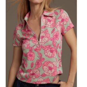 Anthropologie Pink and Gray Floral Zip Collar Tee